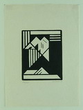 Houtsnede met abstracte voorstelling van schrijvende man ontwerp uitvoering Lou Loeber Blaricum / Holland 1930 