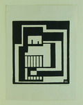 Houtsnede met abstracte voorstelling van lezende man ontwerp uitvoering Lou Loeber Blaricum / Holland 1930 