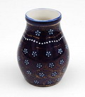  Blauw geglazuurd aardewerk vaasje met stippeldecoratie en goudopdruk ontwerp Ernst Wahliss 1899-1910 uitvoering Porzellanfabrik Ernst Wahliss Turn Teplitz / Oostenrijk 