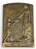  Bronzen gelegenheidsplaquette met voorstelling van vrouw kind ontwerp Geo Verbanck België 1918 