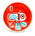  Aardewerk bordje met gekleurde decoratie in oranje rood groen bruin ontwerp uitvoering Desimone / Italië ca.1960 
