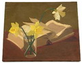  Olieverf schilderij Stilleven met boek en narcissen uitvoering Claude Dupont Gomont Frankrijk 1968 