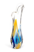  Dikwandige helder glazen KristalUniek vaas met gekleurde glasslierten in blauw en geel ontwerp Max Verboeket 1960 uitvoering Kristalunie Maastricht 