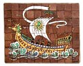  Tegeltableau opgebouwd uit 80 Carduus tegeltjes 5x5 cm met afbeelding van vikingschip ontwerp Willem van Norden ca.1910 uitvoering de Distel / Amsterdam 
