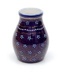 Blauw geglazuurd aardewerk vaasje met stippeldecoratie en goudopdruk ontwerp Ernst Wahliss 1899-1910 uitvoering Porzellanfabrik Ernst Wahliss Turn Teplitz / Oostenrijk 