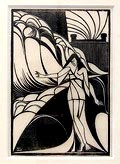 Houtsnede ingelijst gedrukt op Japans papier ontwerp uitvoering Bernard Essers ca.1920 