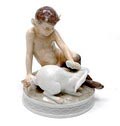 Polychroom geglazuurd beeldje van Faun met Konijn ontwerp Chr.Thomsen 1903 uitvoering Royal Copenhagen / Denemarken 1962 