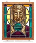  Glas in lood raampje met polychrome voorstelling van een heilige ontwerp vermoedelijk Hans Basart 1899-1988 ca.1930 uitvoering Knegtmans Basart 