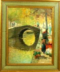 Schilderij olieverf op doek met voorstelling van bloemenmarkt aan gracht uitvoering Chris de Bruijn 1901-1974 in eigen atelier ca.1965 