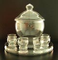 Helderglazen bowlstel pot met deksel 6 bowlglazen op onderschotel ontwerp C.de Lorm 1918 uitvoering Glasfabriek Leerdam 