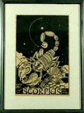  Handgedrukte houtsnede op rijstpapier Scorpius van de serie Sterrebeelden van de Dierenriem ontwerp uitvoering Gérard Antoine Henri Henri van der Stok Indonesië Pelatoengan 1870 - Den Haag 1946 ca.1925 