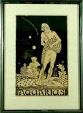 Handgedrukte houtsnede op rijstpapier Aquarius van de serie Sterrebeelden van de Dierenriem ontwerp uitvoering Gérard Antoine Henri Henri van der Stok Indonesië Pelatoengan 1870 - Den Haag 1946 ca.1925 