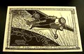 Print van houtsnede Pelikaan-vliegtuig ontwerp van Jac van den Bosch Bloemendaal 1933 