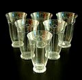 Helderglazen bekers 5x / 11,8 cm één kleinere van servies Romanda met guilloche gravering ontwerp A.D.Copier 1924 uitvoering Glasfabriek Leerdam 