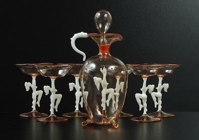  Bimini likeurset in art deco stijl 6 glazen en karaf Bohemen ca.1930 