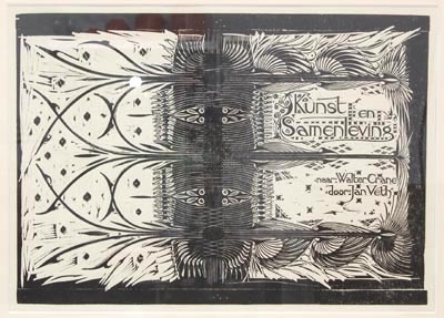  Houtsnede ingelijst ontwerp voor boekomslag ontwerp uitvoering G.W.Dijsselhof ca.1900 