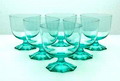  Meerblauwe cocktail glaasjes 6x met facet geslepen voet ontwerp A.D.Copier 1934 uitvoering Leerdam / Holland 