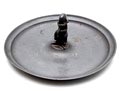  Disko metalen schaal met in het midden Kind op vis ontwerp uitvoering Just Andersen 1884-1943 Denemarken ca.1925 Disko metaal is een legering van lood en antimoon en was een uitvinding van Just Andersen zelf en vernoemd naar the Disko Bay in Groenland waar hij opgroeide 