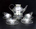  Helderglazen theeservies bestaande uit theepot op comfoor 6 kop schotels ontwerp Wilhelm Wagenfeld 1931 in samenwerking met zijn leerling Heinrich Löffelhardt uitvoering Schott Gen./Jena Duitsland 