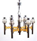  Verchroomde metalen 8-lichts hanglamp met losse witkleurige licht-lamellen ontwerp Gaetano Sciolari uitvoering Sciolari / Italië ca.1970 