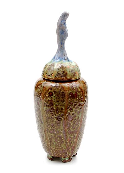 Earthenware Unica covered vase with green and brown streaming glaze on four rectangular feet and with a light-blue glazed serene female figure on top design executed by Pieter Groeneveldt Voorschoten / the Netherlands ca.1950 