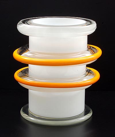 Glass vase L'Impegno from the Rovine / Ruins series design Ettore Sottsass 1992 executed by Compagnia Vetraria Muranese for Design Gallery Milano / Italy White glass interior with on the outside thick clear glass rims with on the outside yellow glass layers produced in a Limited Edition of 9 pieces 3 Artist Proof Prove D'Artista ones this is one of the 3 Artist Proof vases 