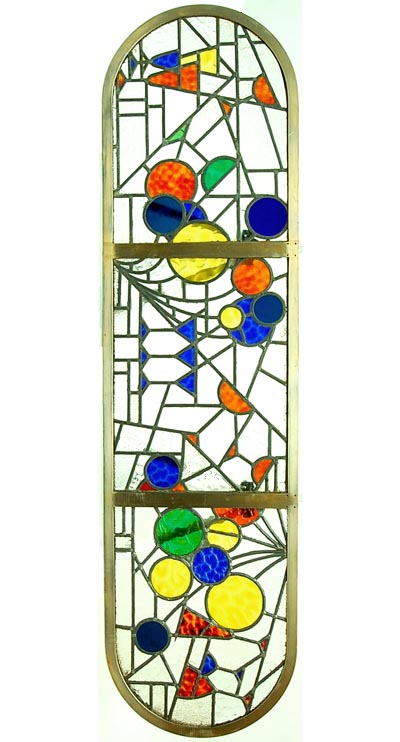  Leaded glass panel in brass frame design Cor Alons 1921-'23 executed by atelier G van Geldermalsen Rotterdam / the Netherlands these windows were made for the bar of the Holland America Liner De Nieuw Amsterdam 2 the bar of the ship was designed by Frits Spanjaard and the leaded glasspanels were a design of Cor Alons TEXT REVISED 