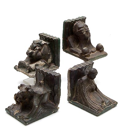  Panelling sculptures 4x executed in metalized concrete A portrait of Jan Gratama with the text “Jan Gratama’s Laatste Balletjes” A small stylized monster with the text De Criticus The Critic A woman with a rosary with the text De Rozenkrans The Rosary An elephant holding his trunk shut text has worn off Design Cris Agterberg 1883-1948 for the interior of a gardenhouse on the First Dutch National Trade Exhibition 1917 in Utrecht / the Netherlands Architect of the garden-house was Jan Gratama 1877-1947 commissioned by Firma N.V Nederlandsche Betonijzerbouw Amsterdam / the Netherlands 