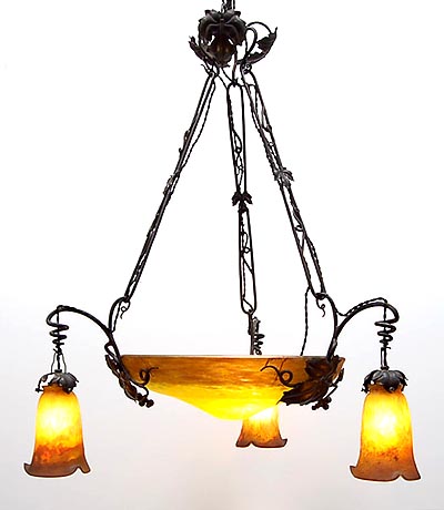 Wrought iron ceiling-lamp with frosted glass shades with yellow and brown colour powders design execution by Muller-Frères Luneville / France ca.1915 