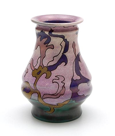 Earthenware vase mod.no.54 with polychroom glazed abstract decoration on light-puple background design T.A.C.Colenbrander 1920-'25 executed by Plateelbakkerij Ram Arnhem / the Netherlands ca.1925 