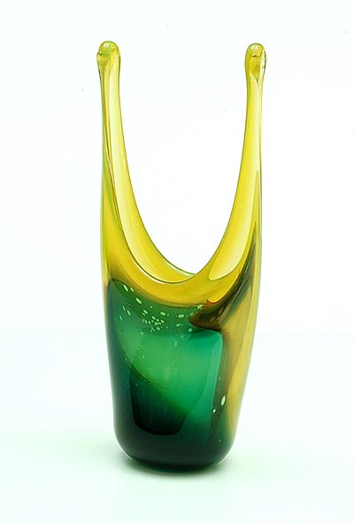 Yellow green glass Unica vase AE1012 with two high points and with clear glass overlay design Floris Meydam 1953 executed by Glasfabriek Leerdam / the Netherlands 