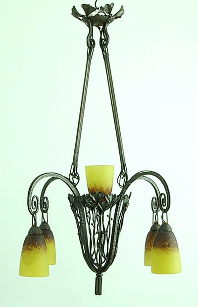 Wrought iron ceiling-lamp Ginko with frosted glass shades with yellow and brown colour powders design executed by Schneider / France ca.1918 