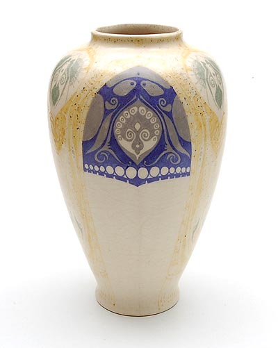 Earthenware vase with matt-glaze and stylized polychrome decoration of butterflies and peacocks design B Nienhuis ca.1903 executed by Plateelbakkerij de Distel Amsterdam / the Netherlands 