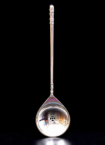 Silver sugar-spoon with multi coloured enamelled geometrical decoration design Jan Eisenloeffel ca.1905 executed by C.J.Begeer Utrecht / the Netherlands 