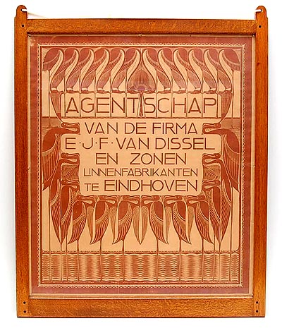  Nieuwe Kunst Poster wood-carving in brown with a decoration of stylized waterbirds design of Chris Lebeau ca.1905 for the agency of the company E.J.F.van Dissel Zn Eindhoven / the Netherlands in oak frame after design of Jacques van der Bosch for t Binnenhuis Amsterdam / the Netherlands 