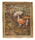 Olieverf schilderijtje op paneel met voorstelling van paddestoelen ontwerp uitvoering Chris Lanooy 1881-1948 in eigen atelier ca.1925 