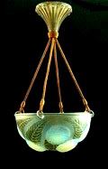 Opalising glass ceiling-lamp Dahlias with dark-green patinated leaves and with patinated glass ceiling part design René Lalique 1921 executed by Lalique / France 