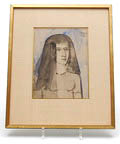 Aquarel met potlood Meisjeskop ontwerp uitvoering Jan Toorop 1915 