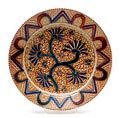 Aardewerk wandschotel met geschilderde geometrische rand-decoratie florale decoratie in het midden in goudgeel luster groen blauw en bruin geschilderd door Cornelis Hartog uitvoering de Porceleyne Fles Delft ca.1930 