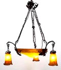 Wrought iron ceiling-lamp with frosted glass shades with yellow and brown colour powders design execution by Muller-Frères Luneville / France ca.1915 