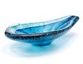 Groen-blauw glazen Unica schaal CD15 met helderglazen overlay waarin luchtbellen ontwerp A.D.Copier 1960 uitgevoerd door meester-glasblazer L.van der Linden Glasfabriek Leerdam 