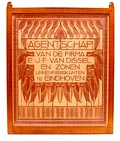  Nieuwe Kunst Affiche houtsnede in bruin met een decoratie van gestileerde watervogels ontwerp van Chris Lebeau ca.1905 voor het agentschap van de firma E.J.F.van Dissel Zn te Eindhoven in eikenhouten lijst naar ontwerp van Jacques van der Bosch voor t Binnenhuis / Amsterdam 