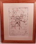 Ets Anton Heyboer 1985 op Hahnemulle papier Titel YM 348 vissersboot en kompas Ik viste met hoeklijn op paling in de havens van IJmuiden 5 jaar lang Ik aasde ieder dag en zette uit maar mijn handen roken naar vis en de paling kan goed ruiken dus bleef op een afstand waardoor ik 5 jaar niets ving Het was s avonds in de schemer uitzetten en s ochtends in de schemer binnenhalen Ik heb mij nooit afgevraagd waarom ik niets ving en anderen zoveel en het heeft mij nooit gestoord dat ik niets ving Ik was immers een visser - en dat was genoeg Dat lijkt op mijn kunst maken van nu Ik heb duizenden dingen gemaakt die de mensen niet willen en ik ga daar rustig mee door Ook ongestoord Ik ben immers een kunstenaar - en dat is voldoende Ineens zien fans iets waarin niets te zien is en daar leven we van Zij zien kracht en mijn ziel Dat is de essentie van uitstraling en kunst Anton Heyboer Lit Anton Heyboer - De essentie van het leven uitgeverij BDU 2005 pagina 50 en 51 