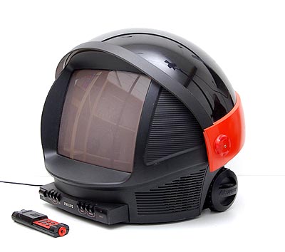 Plastic space helmet model TV Discoverer with original remote control design Honson Lee 1983 executed by Philips / the Netherlands 