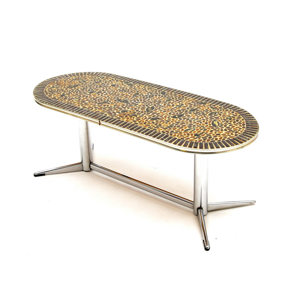 Side-table on metal frame, the top inlaid with earthenware small tiles...