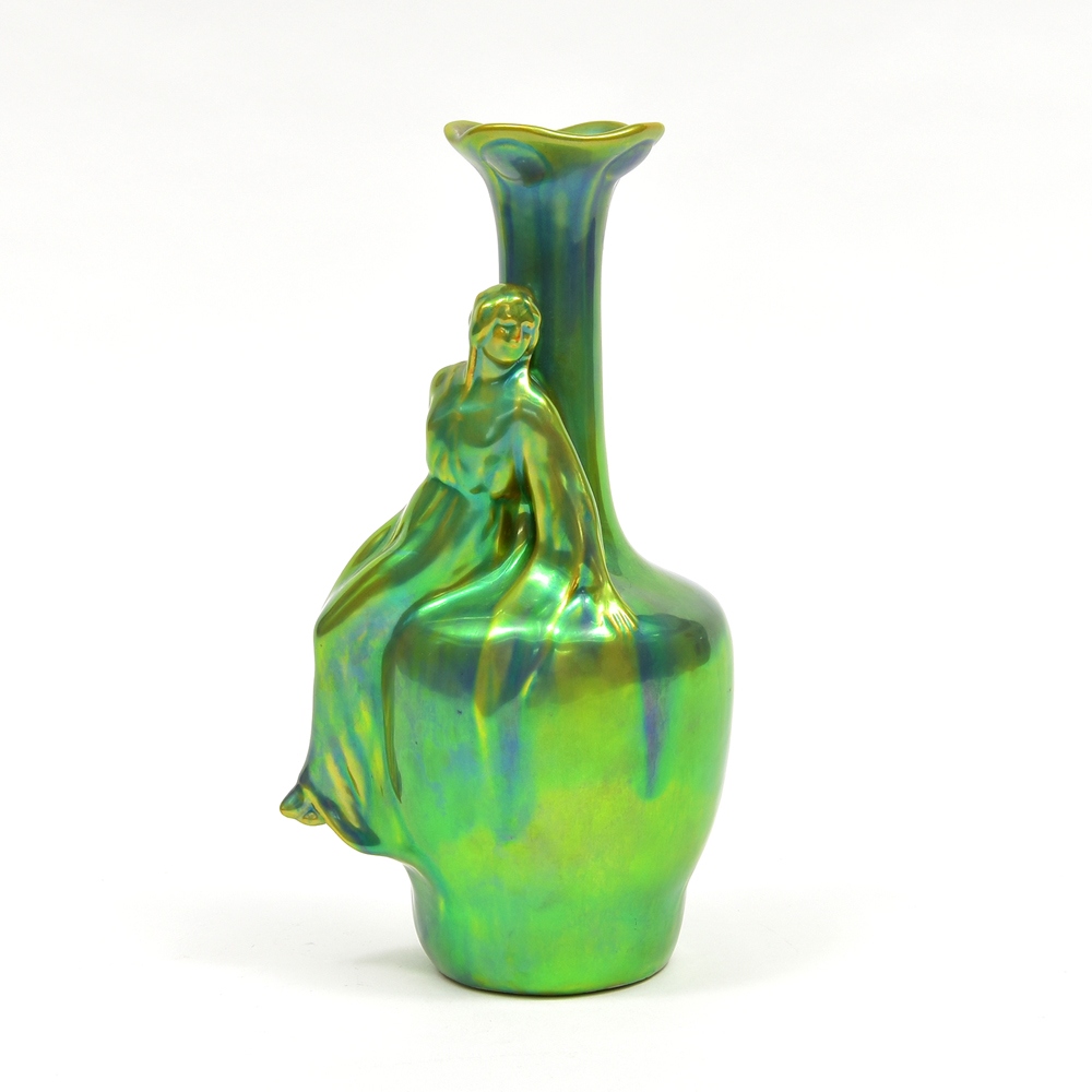 Green iridised glazed vase with relief-decoration of female figure...