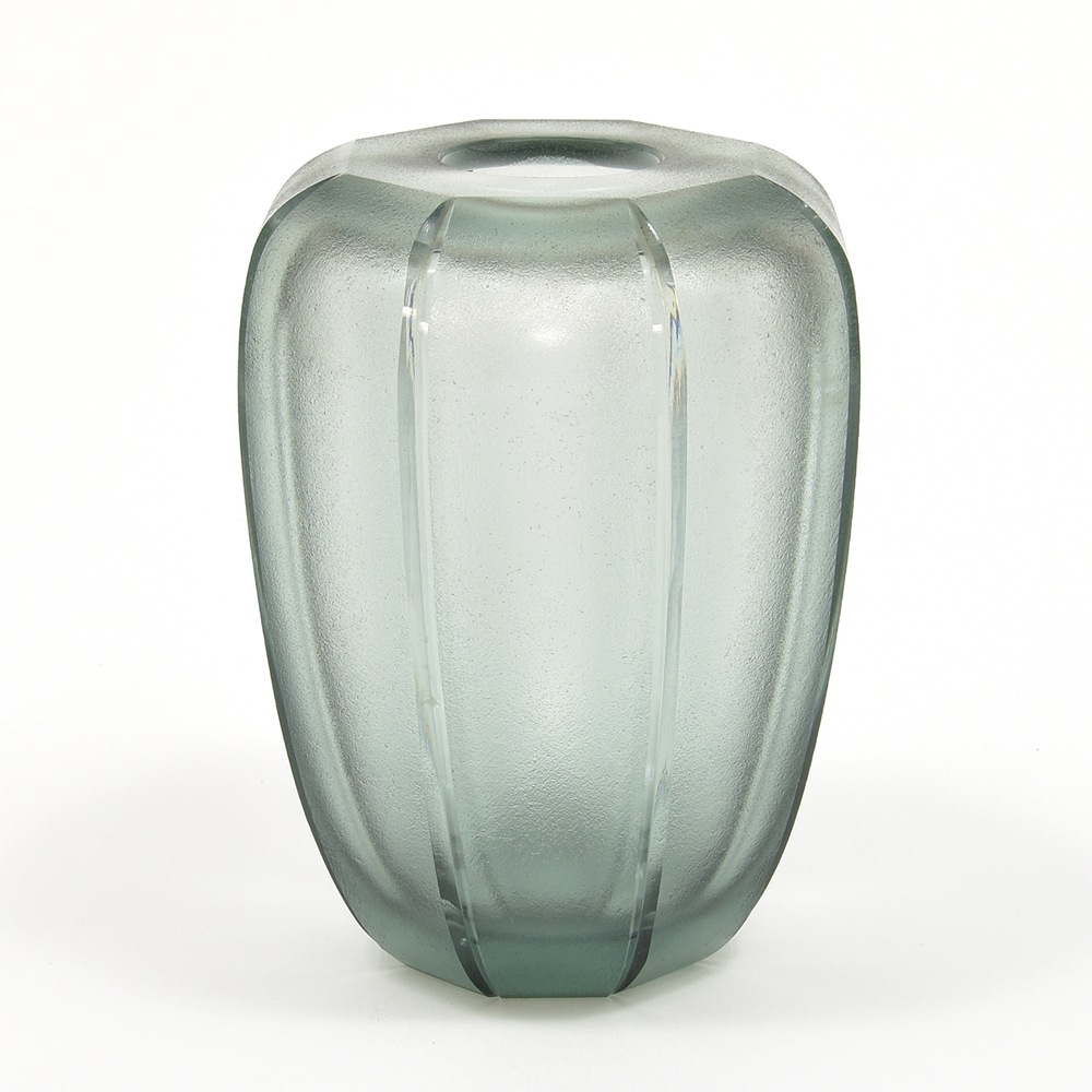 Eight-sided grey glass vase with etched exterior and with vertical cut...