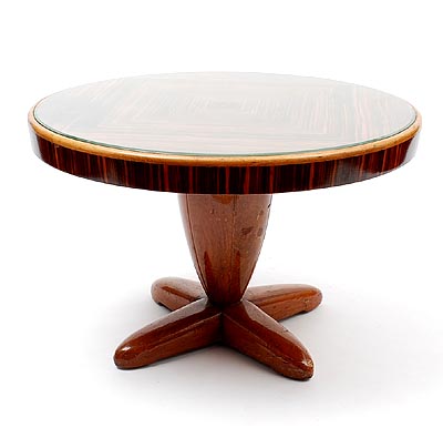  Rosewood and mahogany Haagse School coffee table with glass cover and executed with ball-bearing enabling the top to rotate design Paul Bromberg 1931 executid by H.Pander Zn The Hague / the Netherlands 
